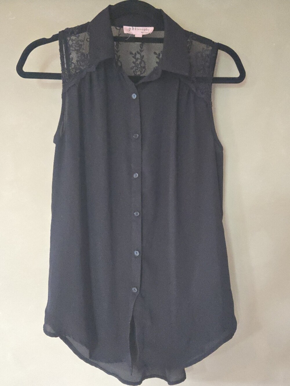 Philosophy | Black Sleeveless Lace Shoulder Button-Front Blouse, Size S - Picture 2 of 7